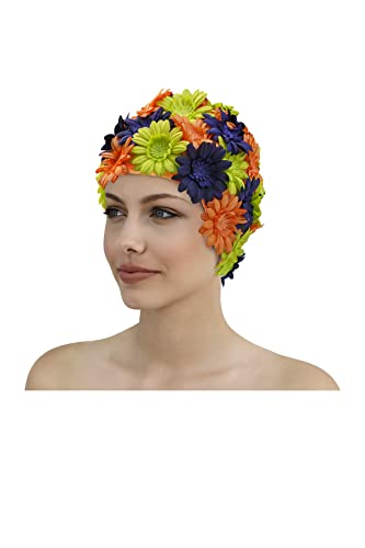 Fashy Stoffbadehaube mit Blüten, aus Nylon, orange-blau-grün, 3454 von Fashy