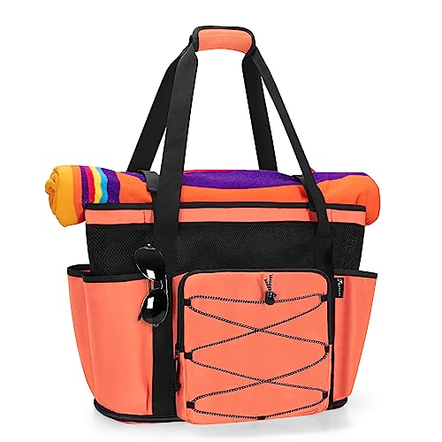 Fasrom Strandtasche xxl mit Reissverschluss unten, Badetasche xxl Familie, Saunatasche Damen Groß, Schwimmtasche Familie, Strandtasche Wasserdicht mit reißverschluss, Strand-Rucksack Herren, Orange von Fasrom