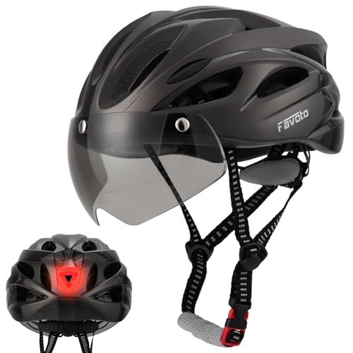 Favoto Fahrradhelm Erwachsene mit Visier Schutzbrille Rücklicht Abnehmbares Innenfutter EPS-In-Mold Technologie Atmungsaktiv Leicht 57-61cm Einstellbar Dunkelbraun von Favoto