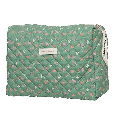 Fehploh Karierte Make-up-Handtaschen mit Reißverschluss, koreanische Gesteppte Clutch-Tasche, tragbare Make-up-Tasche, Blumendruck, großes Fassungsvermögen für Damen und Mädchen (grün) von Fehploh