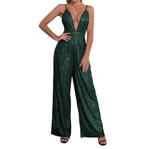 Angebot Des Tages Blitzangebot, Latzhosen Für Damen Glitzer Playsuit Sexy Tiefer V-Ausschnitt Spaghettiträger Jumpsuit Schlafanzug Damen Kuschelig Skianzug Damen Einteiler Overall Kostüm(Dark Green,M) von FeiBeauty