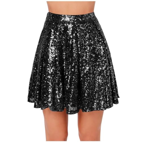 Angebot Des Tages Blitzangebot Party Outfit Glitzer Kleid Schwarz Regenbogenfisch Kostüm Damen Glitzer Rock Plissee Midi Elegant Festlich Faltenrock Kostüm Damen Spitzenrock Schwarz (Schwarz,M) von FeiBeauty