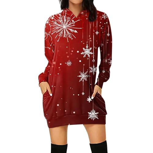 Angebot des Tages, Kleid Weihnachten Damen Fleecepullover Damen Weihnachten Druck Hoodie Kleid 2024 Weihnachtspullover Mit Tasche Damen Pullover Elegant Hoodiekleider Damen(Vermilion,S) von FeiBeauty