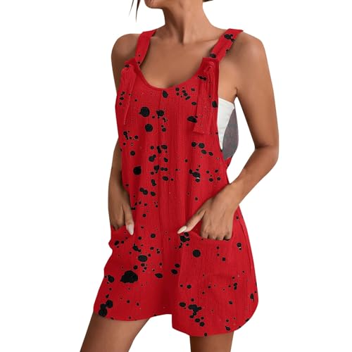 Angebot des Tages Blitzangebot, Jumpsuit Damen Kuschelig Gedruckt Ärmellos Rompers Mit Taschen Locker Bequeme Playsuit Casual Schlafanzug Damen Kuschelig Skianzug Damen Einteiler (Red,4XL) von FeiBeauty