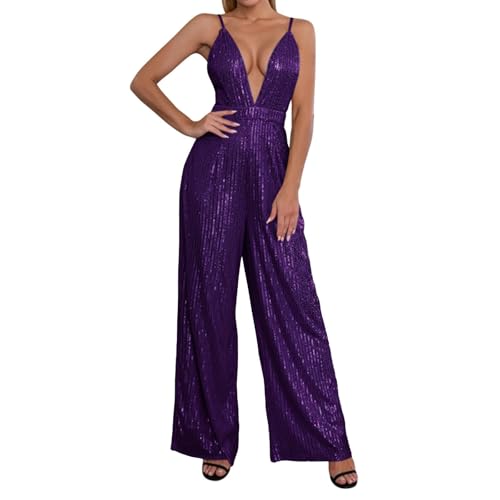 Angebote Des Tages Heute Deal, Karneval Kostüm Damen Glitzer Playsuit Sexy Tiefer V-Ausschnitt Spaghettiträger Jumpsuit Taktische Hose Einteiler Damen Kuschelig Damen Outfit Komplett(Lila,M) von FeiBeauty