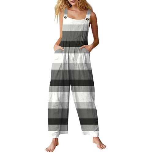 Angebote Tages Blitzangebote Heute, Overall Kostüm Damen Gestreiftes Ärmellos Overalls Frauen Lang Jumpsuits Mit Taschen Casual Baggy Onesie Damen Kuschelig Latzhose Damen Arbeitshose (Gray,L) von FeiBeauty