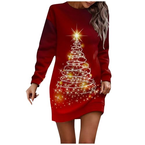 Angebote des Tages, Kapuzenpullover Damen Weihnachten Druck Minikleid Elegant Weihnachtspullover Ugly Christmas Sweater Tunika Damen Langarm Feinstrickpullover Damen Christmas Dress Women(Wine,S) von FeiBeauty