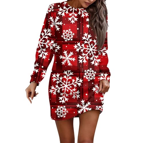 Angebote des Tages Heute Deal, Fleecepullover Damen Weihnachten 3D Druck Rundhals Pulloverkleid Casual Weihnachtspullover Long Pullover Damen Langarm Baumwoll Pullover Damen Christmas (Red,M) von FeiBeauty