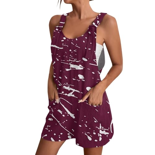 Angebote des Tages Heute Deal, Overall Kostüm Damen Gedruckt Ärmellos Rompers Mit Taschen Locker Bequeme Playsuit Casual Sportanzug Damen Gärtner Kostüm Jumpsuit Damen Festlich(Wine,M) von FeiBeauty