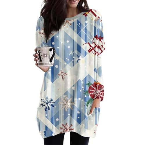 Black Friday Angebote 2024, Fleecepullover Damen Weihnachten Motiv Tshirt Mit Tasche Christmas Freizeitkleid Frauen Longshirt Damen Pullover Winter Weihnachts Tshirt Festliche Kleider(Sky Blue,M) von FeiBeauty