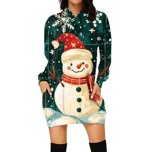 Blitzangebote des Tages Aktuell, Kleid Weihnachten Damen Pullover Damen Winter Schneemann Druck Hoodie Kleid Elegant Langarm Weihnachtskleid Mit Tasche Sweatshirts Für Damen Langarmshirt (Marine,L) von FeiBeauty