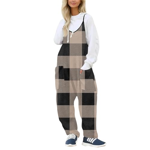 FeiBeauty Angebote des Tages Heute Blitzangebote, Faschingskostüme Damen Kariert Gedruckt Spaghettiträger Jumpsuits Mit Taschen Leicht Arbeitshose Damen Stretch Hosenanzug Damen Hochzeit (Khaki,S) von FeiBeauty