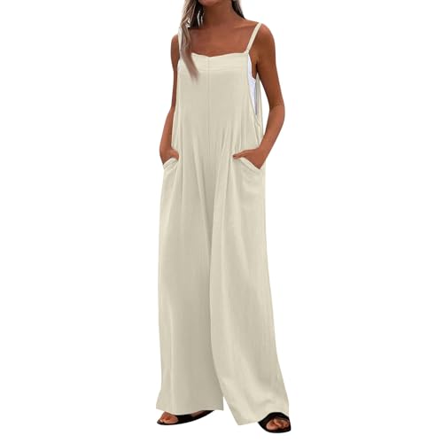 FeiBeauty Angebote des Tages Heute Deal, Jumpsuit Damen Einfarbig Ärmellos Rompers Casual Loose Lang Playsuit Verstellbar Strampler Jumpsuit Damen Sommer Gärtner Kostüm Gürtel Arbeitshose(Beige,XXL) von FeiBeauty