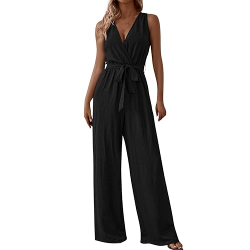 FeiBeauty Blitzangebote des Tages, Latzhosen Für Damen Einfarbig V-Ausschnitt Ärmellos Jumpsuits Lässig Leicht Lang Hosenanzug Damen Elegant Grüne Latzhose Jumpsuit Kostüm(Schwarz,L) von FeiBeauty