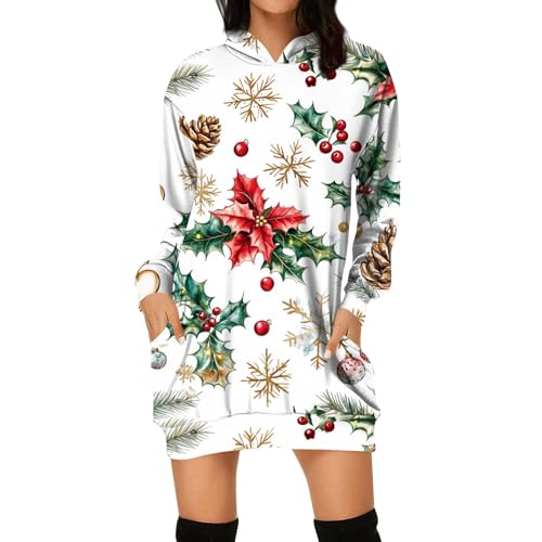 FeiBeauty Ugly Christmas Sweater Fleecepullover Damen Druck Hoodie Kleid Elegant Lockere Knielang Pullover Kleid Mit Tasche Pullover Damen Elegant Damen（Light Green,M von FeiBeauty