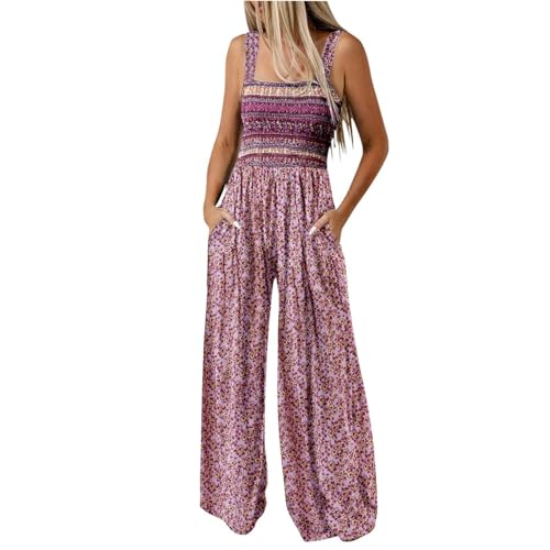 FeiBeauty Warehouse Deals Angebote B Ware, Jumpsuit Damen Blumendruck Lang Jumpsuits Falten Ärmellos Latzhose Mit Taschen Jumpsuit Damen Eng Roter Overall Damen Anzug(Lila,M) von FeiBeauty