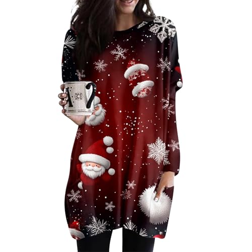 Fleecepullover Damen Weihnachten Druck Pulloverkleid Mit Tasche Casual Rundhals Langarm Weihnachtspullover Oversize Hoodie Damen Pullover V Ausschnitt Damen（Wine,L von FeiBeauty