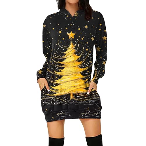 Meine Bestellung Anzeigen, Kleid Weihnachten Damen Kleid Herbst Damen Weihnachten Druck Hoodie Kleid 2024 Weihnachtspullover Mit Tasche Pulli Damen Herbst Damen Pulli Herbst(Black,S) von FeiBeauty