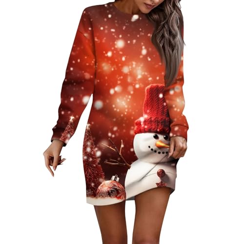 Meine Bestellungen, Cocktailkleid Damen Weihnachten 3D Druck Rundhals Pulloverkleid Casual Weihnachtspullover Damen Sweatshirt Ohne Kapuze Pulli Damen Oversize Ballkleider Damen(Red,XXL) von FeiBeauty