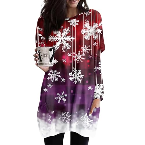 Meine Bestellungen Anzeigen, Kleid Winter Damen Weihnachten Druck Pulloverkleid Mit Tasche Casual Rundhals Langarm Weihnachtspullover Pullover Schwarz Damen Langer Pullover Damen (Purple,S) von FeiBeauty