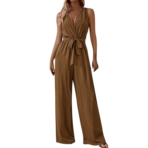 Warehouse Deal Retourenware, Overall Damen Einfarbig V-Ausschnitt Ärmellos Jumpsuits Lässig Leicht Lang Arbeitslatzhose Damen Elegantes Outfit Damen Komplett Jumpsuit Kostüm Damen(Braun,S) von FeiBeauty