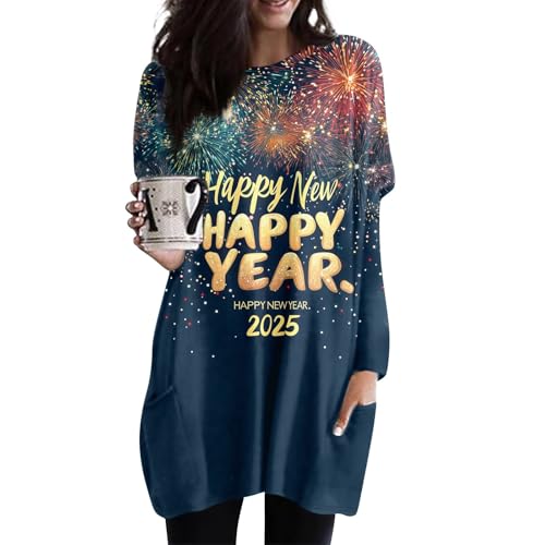 Warehouse Deals Angebote, Fleecepullover Damen Lustig Weihnachten Druck Midi Pullover Mit Tasche Casual Warm Weihnachtskostüme Damenpullover Langarm Dünne Pullover Damen Prinzessin (Dark Blue,XL) von FeiBeauty