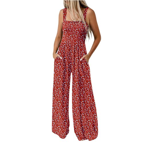 Warehouse Deals Angebote, Overall Kostüm Damen Blumendruck Lang Jumpsuits Falten Ärmellos Latzhose Mit Taschen Sportanzug Damen Weihnachts Jumpsuit Jumpsuit Pailletten(Rot,S) von FeiBeauty