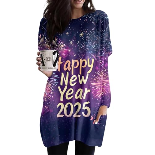 Warehouse Deals Angebote, Pullover Damen Winter Happy New Year Druck Pulloverkleid Mit Tasche Lustig Silvester Kleid Winter Glitzerkleid Damen Langarmshirt Damen Elegant Weihnachts (Light Purple,XL) von FeiBeauty