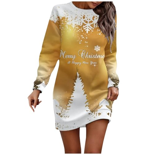 Warehouse Deals Angebote, Strickpullover Damen Weihnachts Bedrucken Minikleid Rundhals Langarm Weihnachtskostüme Lustig Damen Pullover Elegant Pullover Lang Damen Abendkleid Lang(Gold,XXL) von FeiBeauty