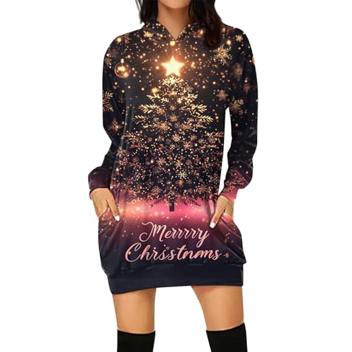 Weihnachtskleider Damen Fleecepullover Damen Weihnachten Druck Hoodie Kleid 2024 Weihnachtspullover Mit Tasche Sweatshirt Damen Ohne Kapuze Weihnachts Tshirt Damen（Champagne,XXL von FeiBeauty