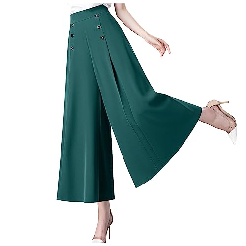 3/4 Leggings Damen Miederhose Damen Trekkinghose Damen Culottes Hosen Damen Frauen FaltenbestäNdig Weites Bein Leichte Hosenrock Mit Gummizug Und Knopf Kurze Hosen Damen Sommer Knielang (GrüN, XXL) von Feibeauty