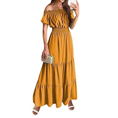 Abendkleid kurz Boho Kleid Damen Vintage Kleid Schulterfrei RüSchen Einfarbig Kurzarm Bodenlang Kleid Sexy Hohe Taille Lang Kleid Elegant A-Linie Tunika Kleid Boho Summer Dress for Women (Gelb, S Abendkleid kurz Boho Kleid Damen Vintage Kleid Schulterfrei RüSchen Einfarbig Kurzarm Bodenlang Kleid Sexy Hohe Taille Lang Kleid Elegant A-Linie Tunika Kleid Boho Summer Dress for Women (Gelb, S von Feibeauty