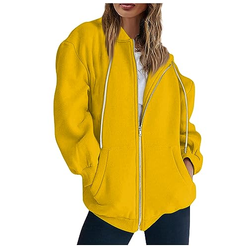 Angebot Des Tages, Kapuzenpullover Damen Zip Hoodie Damen Einfarbig Full Zip Sweatshirt Jacke Mit Kapuze Sport Style Kapuzenjacke Mit Taschen Sportkleidung Frauen Damen Strickjacke Sommer(Gelb,M) von Feibeauty