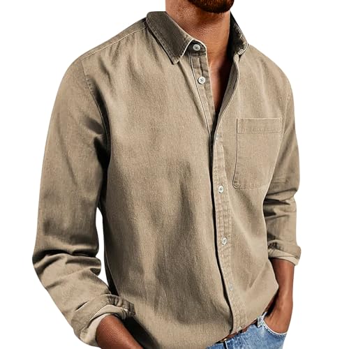 Angebot Des Tages, Leichtes Sommerhemd Hawaiihemd Herren Einfarbig Baumwolle Leinenhemd Mit Knöpfen Freizeithemd Outdoor Basic Langarmhemd Buissenes Hemd Herren Langarmshirt Herren Baumwolle(Khaki,Xl) von Feibeauty