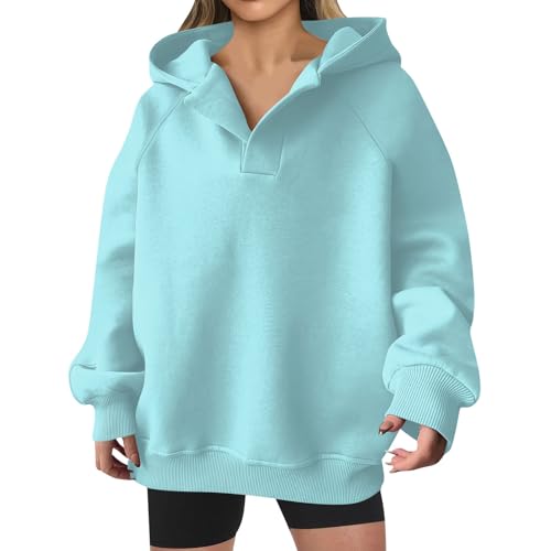 Angebot Des Tages, Pullover Für Damen Sweatshirt Damen Oversized Einfarbig V-Ausschnitt Langarm Pullover Mit Kapuze Übergangs Sweater Hoody Oberteile Hoodie Jacke Damen Damen Strickjacke(Hellblau,M) von Feibeauty