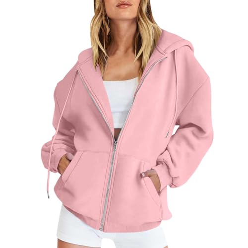 Angebot Des Tages Blitzangebot, Hoodie Damen Strickjacke Damen Sommer Einfarbig Langarm Sweatshirt Jacke Mit Reißverschluss Leicht Kapuzenjacke Shirtjacke Damen Kapuzen Sweatjacke Damen(Rosa,M) von Feibeauty