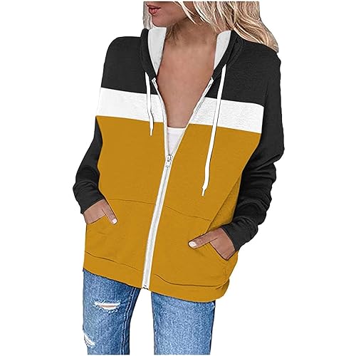 Angebot des Tages, Kapuzenjacke Damen Damen Sweatjacke Gestreiftes Langarm Sweatshirt Jacke Mit Kapuze Frauen Leicht Full Zip Hoodie Jacke Damen Frühling Fahrrad Jacke Für Damen(Yellow,3XL) von Feibeauty