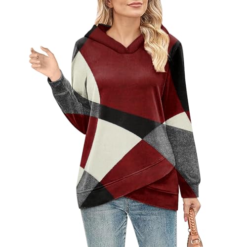 Angebot des Tages Blitzangebot, Pullover Damen Damen Sweatshirt Farbblock Langarm Pullover Mit Kapuze Asymmetric Saum Kapuzenpullover Outdoor Sport Pulli Oversized Tshirt (Wein,S) von Feibeauty