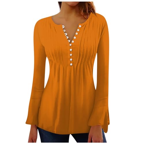 Angebote Des Tages, Shirts Damen Sommer T Shirts Damen Sommer Einfarbig Falten Langarm Oberteile Button Down V-Ausschnitt Trompetenärmel T-Shirt Bluse Langarm Damen Sport Tshirt Damen(Orange,Xxl) von Feibeauty