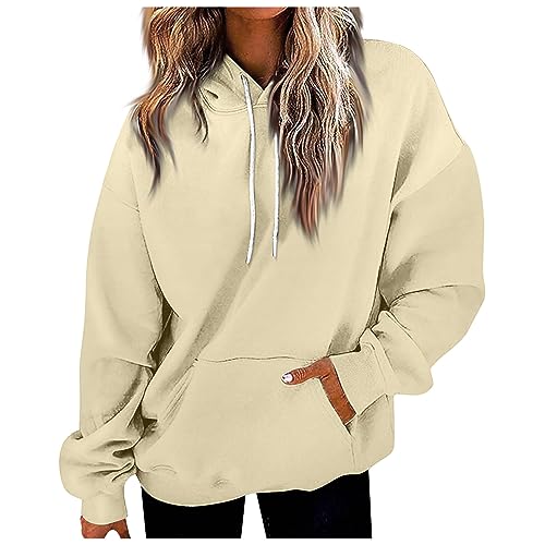 Angebote Des Tages Heute, Pullover Damen Elegant Longshirt Damen Einfarbig Langarm Kapuzenpullover Übergangs Pulli Mit Taschen Outdoor Sport Sweatshirt Oversized Hoodie Damen T-Shirt(Beige,S) von Feibeauty