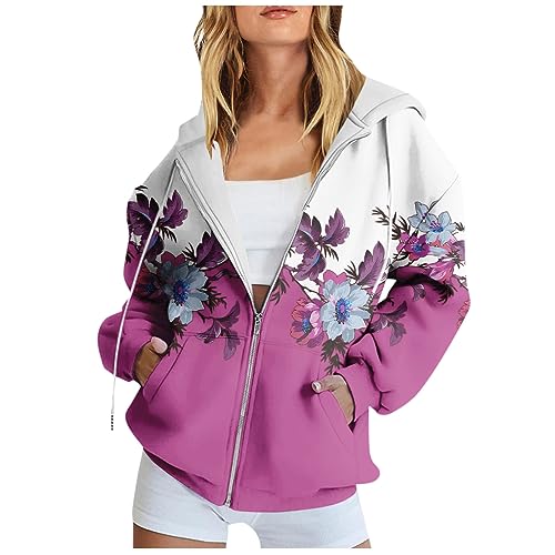 Angebote Tages Blitzangebote Heute, Hoodie Damen Oversize Funktionsjacke Damen Blumendruck Langarm Hoodie Jacke Mit Taschen Leicht Sportjacke Damen Sweatshirt Fleecepullover Damen (Purple,Xxl) von Feibeauty