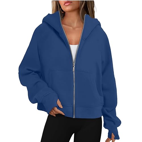 Angebote Tages Blitzangebote Heute, Jacke Damen Sommer Damen Pullover Einfarbig Full Zip Sweatjacke Mit Tasche Basic Hoody Oberteile Outdoor Sport Style Jacken Damen Shirtjacke(Dunkelblau,S) von Feibeauty