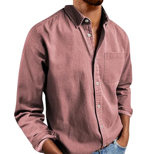 Angebote des Tages, Herren Hemd Langarm Business Hemd Herren Einfarbig Baumwolle Leinenhemd Mit Knöpfen Freizeithemd Outdoor Basic Langarmhemd Hemd Herren Sommer Herrenhemd Langarm(Rosa,4XL) von Feibeauty