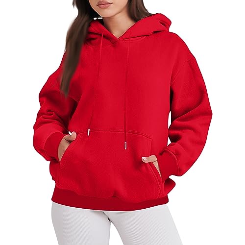 Black Friday, Kapuzenpullover Für Damen Oversize Shirt Damen Einfarbig Langarm Kapuzenpullover Mit Taschen Warm Übergangs Hoody Oberteile Tops Teenager Mädchen Sportbekleidung Für Damen(Rot,Xl) von Feibeauty