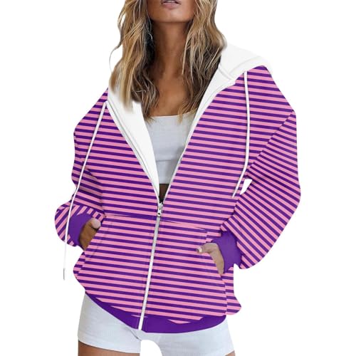 Blitzangebote Des Tages, Hoodie Jacke Damen Bomberjacke Damen Sommer Gestreiftes Muster Sweatshirt Jacke Mit Kapuze Frauen Langarm Kapuzenjacke Sweatjacke Mädchen Jogginganzug Damen(Purple,M) von Feibeauty