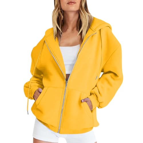 Blitzangebote Des Tages, Jacke Damen Sommer Laufjacke Damen Einfarbig Langarm Sweatshirt Jacke Mit Reißverschluss Leicht Kapuzenjacke Laufjacke Damen Leicht Ausgefallene Jacken - Jacken(Gelb,L) von Feibeauty