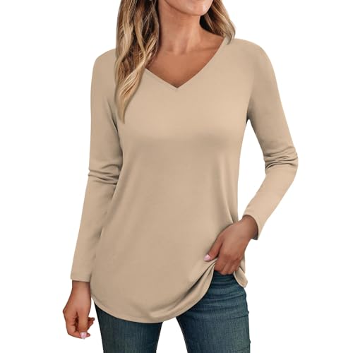 Blitzangebote Des Tages, Shirts Damen Sommer Sommer Oberteile Damen V-Ausschnitt Langarm Shirts Casual Einfarbig Basic Tee Shirt Oberteile Longshirt Tunika Shirts Damen Long Sleeve (Khaki,Xl) von Feibeauty