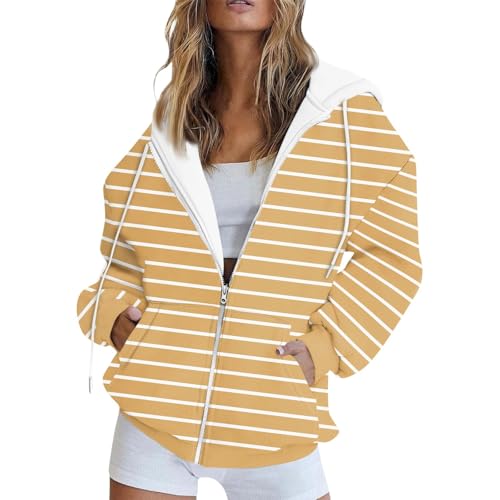 Blitzangebote Des Tages, Sommerjacke Damen Leicht Funktionsjacke Damen Gestreiftes Langarm Sweatshirt Jacke Mit Kapuze Casual Basic Full Zip Kapuzenjacke Laufjacke Damen Wasserdicht (Yellow,Xl) von Feibeauty