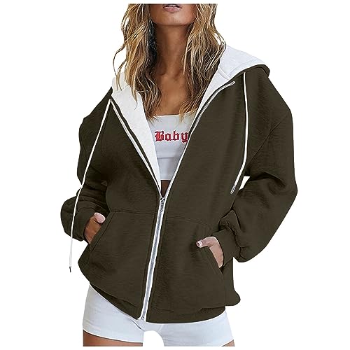 Blitzangebote Des Tages Aktuell, Pullover Damen Sport Shirts Für Damen Einfarbig Full Zip Sweatshirt Jacke Mit Kapuze Basic Hooded Oberteile Kapuzenjacke Laufjacke Damen Wasserdicht (Army Green,M) von Feibeauty