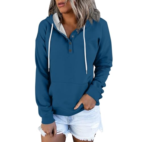 Blitzangebote des Tages, Pullover Damen Herbst Oversize Shirt Damen Elegant Einfarbig Knöpfen Pullover Mit Kapuze Freizeit Henley Hoodie Sweatshirt Pullover Damen Teddyfleece Jacke Damen(Dark Blue,L) von Feibeauty